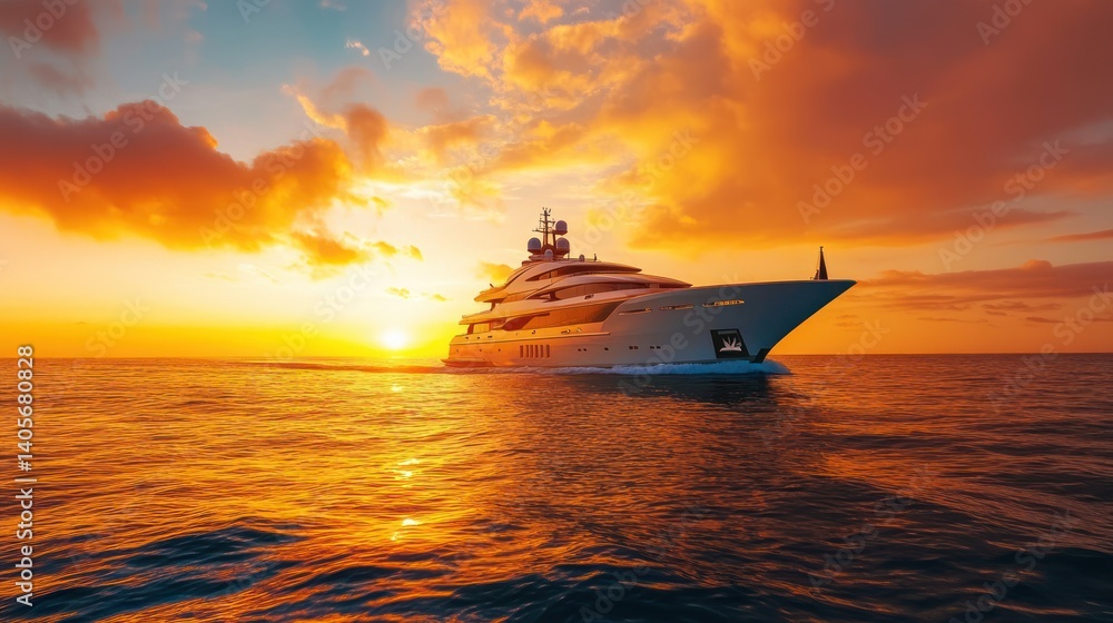 Fototapeta premium A Luxury Yacht Sailing At Sunset On Open Ocean Waters