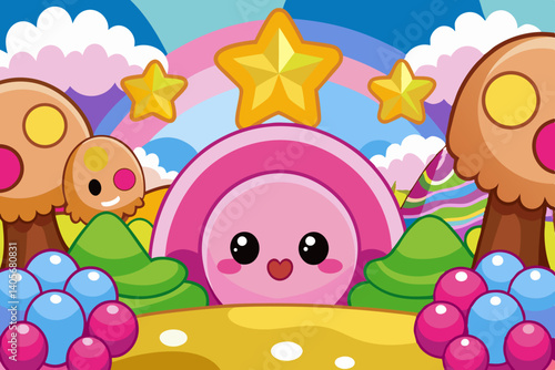 Joyful cartoon world: A vibrant cartoon world, filled with a smiling pink creature, rainbows, and stars creating a delightful, imaginative scene for children.
