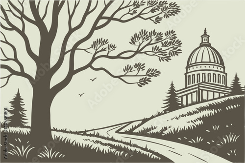 Iconic Capitol Building: A captivating illustration showcasing the grandeur of a prominent governmental structure nestled amidst rolling hills and lush surroundings.