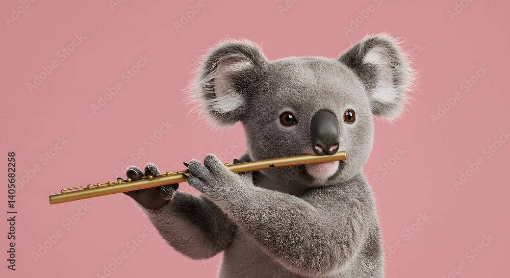 Obraz premium Koala Playing Flute on Pink Background Performing a Musical Tune