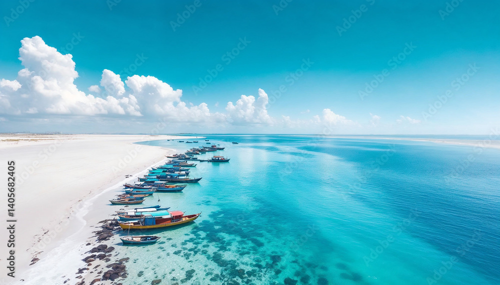 Obraz premium Vibrant coastal view showcasing colorful fishing boats along a serene, sandy beach under a bright blue sky