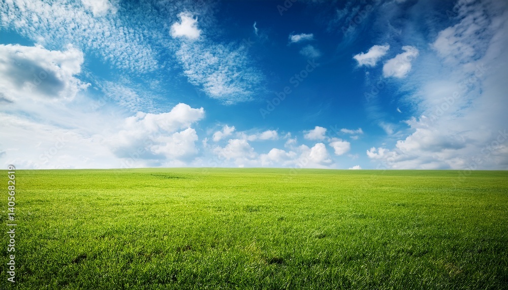 Green meadow field under a blue sky with clouds Green meadow field under a blue sky with clouds