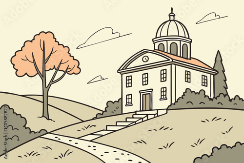 The Historic Residence: A charming illustration of a classic building with a dome, nestled within a scenic landscape.