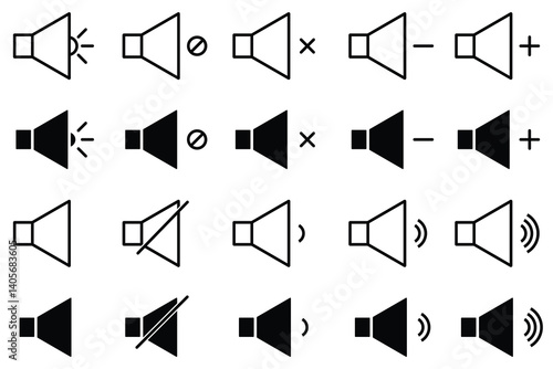 Speaker audio icon set. Volume voice on off mute symbol. Megaphone icon set. Loudspeaker icon. Advertising and marketing icons. Editable stroke line icons. Vector illustration.