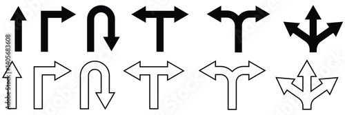 Road traffic direction arrows flat set. You-turn, left, right, two way, three way transportation direction arrow symbol. Trafic way icon isolated Road arrow Stencil vector stock illustration.