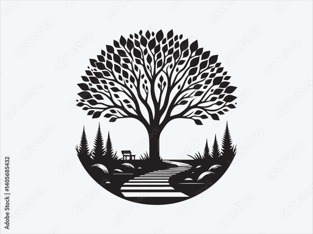 Naklejka premium Tree and Pathway Silhouette with Serene Landscape Scene for Nature, Journey, and Tranquil Design