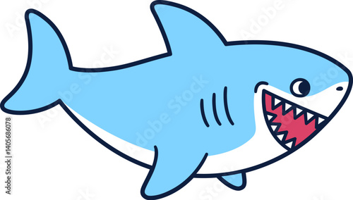 Funny cartoon shark with toothy grin. Simple hand drawn illustration for kids. Isolated vector clipart drawing.