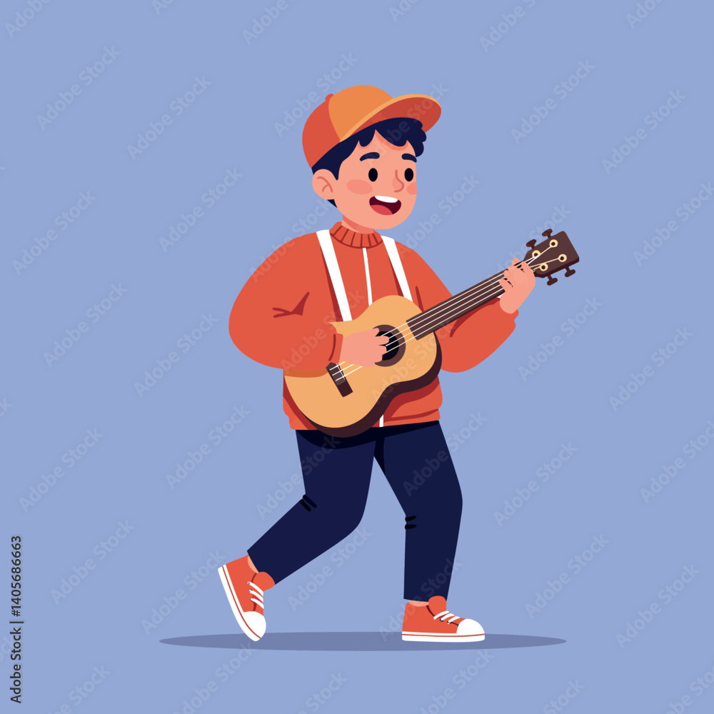 Naklejka premium Young boy joyfully walking and playing a guitar in a vibrant flat vector illustration style