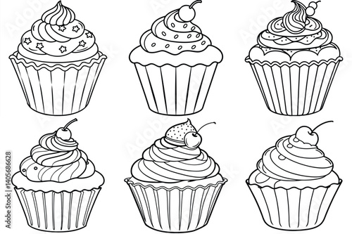 Cup cake outline vector illustration isolated on white background.