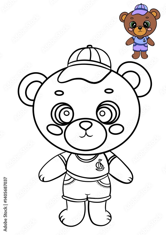 Obraz premium Cute bear coloring page for kids featuring adorable outfit with sailboat design