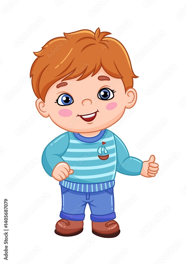 Smiling cartoon boy in blue outfit giving thumbs up with friendly expression Smiling cartoon boy in blue outfit giving thumbs up with friendly expression