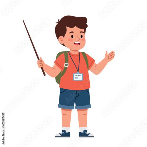 A cheerful young boy wearing a red t-shirt and carrying a backpack, engaging as a camp counselor in flat vector art