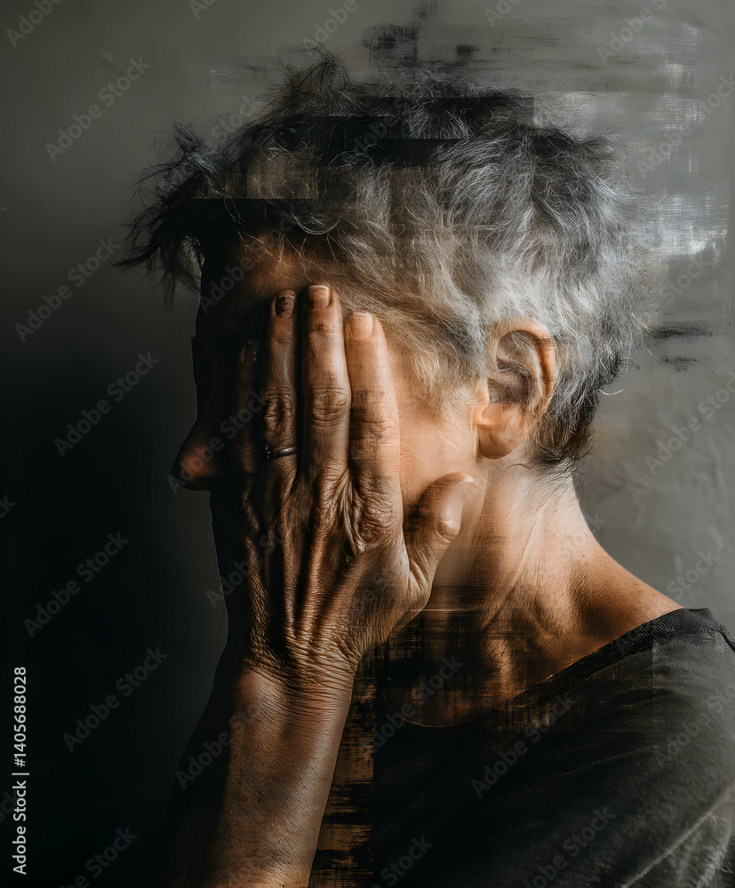 Fototapeta premium a figure with their head in their hands, symbolizing stress and overwhelm, with a blurry background.