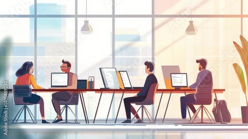 Employees collaborate at computers in a bright, open office with expansive windows, capturing the essence of teamwork and startup culture, with a blurred background