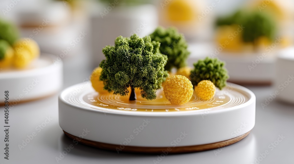 Miniature forest scene with trees and yellow spheres on white dish Miniature forest scene with trees and yellow spheres on white dish