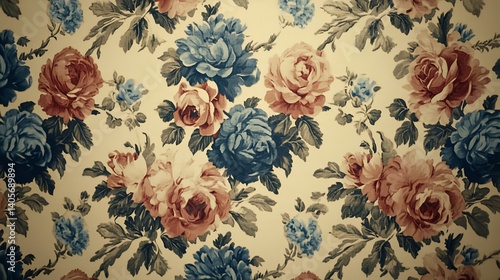 Vintage Floral Wallpaper Design in Faded Blue and Peach Tones