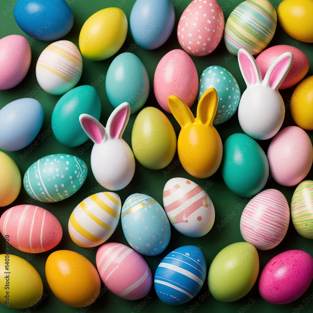 Obraz premium Colorful Easter eggs isolated on green background. Colorful Easter bunny.