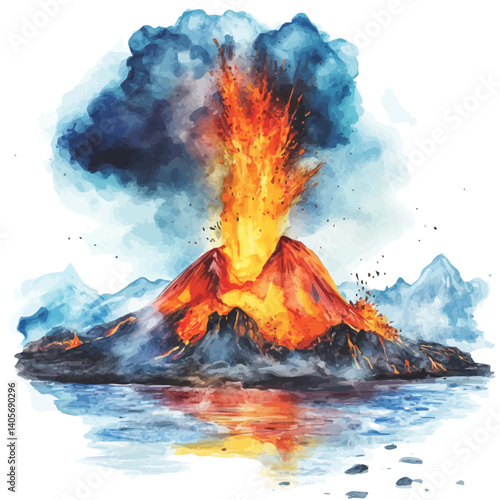 illustration of Volcanic Eruption During The Triassic Period, watercolor vector, isolated on a white background.