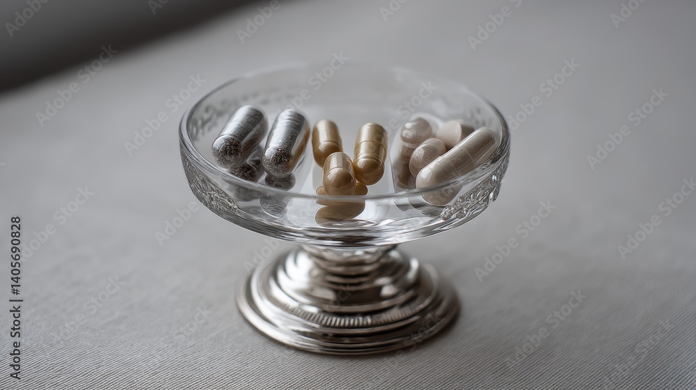Elegant glass dish display with assorted capsules on silver stand Elegant glass dish display with assorted capsules on silver stand
