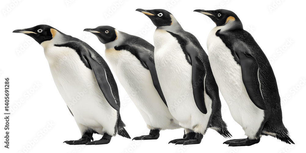 Obraz premium Four Majestic Emperor Penguins in Profile Against Isolated On Transparent Background