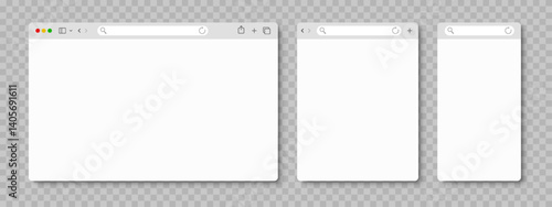 Browser web window mockup, simple blank web page frame, search in internet, template browser window on laptop computer, tablet and smartphone