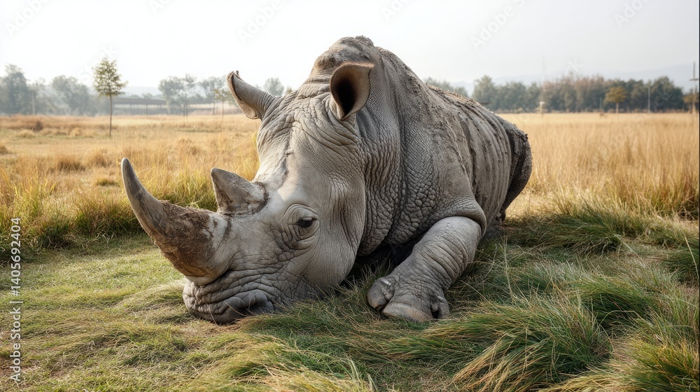 Fototapeta premium Generic Rhinoceros Resting Overview Grassy Field 9it2h2h