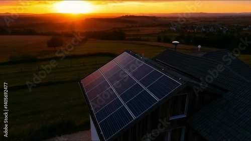 Photovoltaic solar panels on the roof harness sunlight for clean, renewable energy against the blue sky, animation in 4k