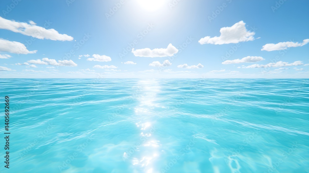 Fototapeta premium Tranquil Blue Ocean Water Under Bright Sunlight and Soft Clouds