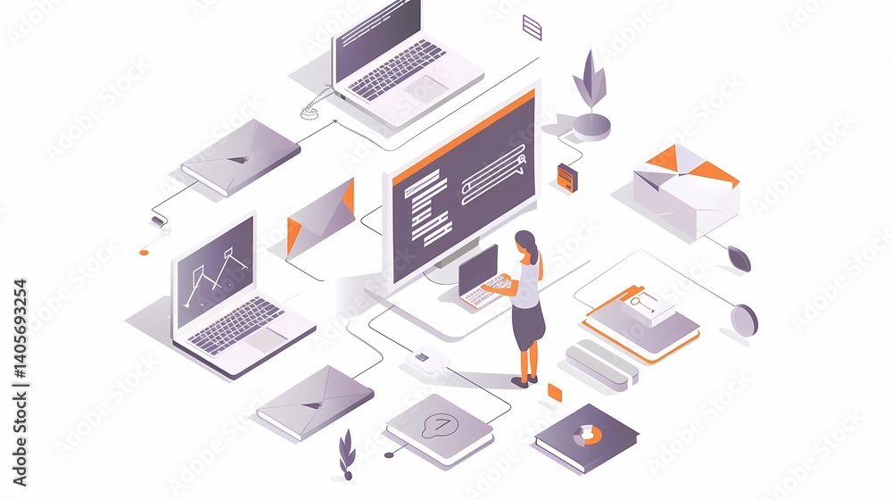 An online business system, young female operator, slightly aerial angle, use pastel colors orange, gray, light purple, Generative AI illustrations. An online business system, young female operator, slightly aerial angle, use pastel colors orange, gray, light purple, Generative AI illustrations.