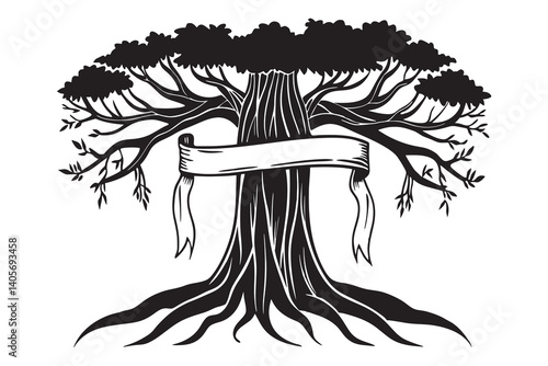 A Elegant hand drawn tree silhouette vector illustration, bayan tree with ribbon drawing, ribbon shape around tree, vector art illustration.