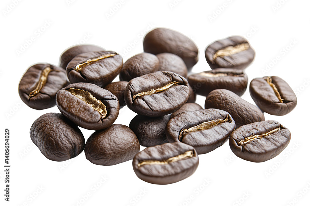 Obraz premium Rich brown coffee beans piled up. Fresh, roasted aroma and texture are enticing. Isolated over a transparent background