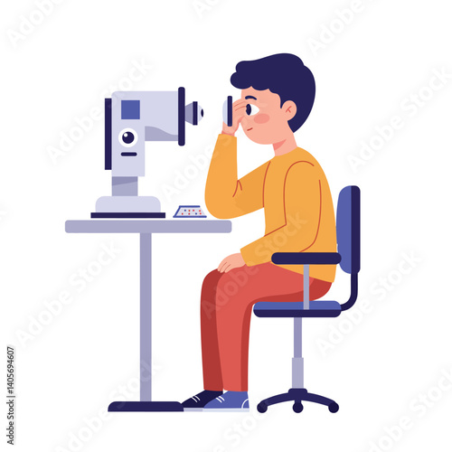 Young boy examining details through a modern microscope while seated at a desk in a bright, minimal, and educational vector illustration