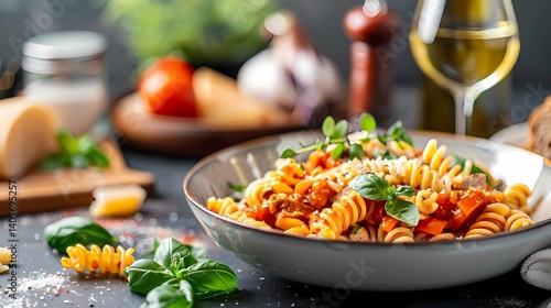 A stock photo image, table top with pasta dish, Generative AI illustrations.