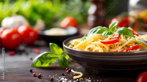 A stock photo image, table top with pasta dish, Generative AI illustrations.