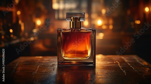 Amber perfume bottle on wooden table