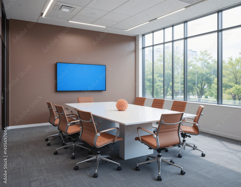 Modern conference room with white table chairs and large windows view Modern conference room with white table chairs and large windows view