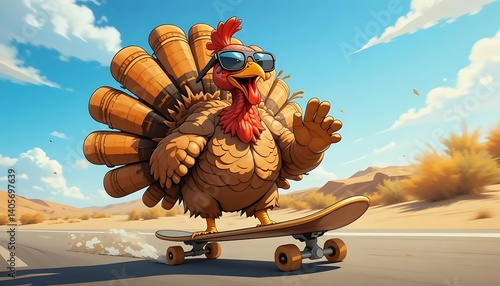Cool Skateboarding Turkey Cartoon for Funny Thanksgiving Design | A hilarious cartoon of a turkey wearing sunglasses and riding a skateboard, perfect for humorous Thanksgiving graphics, cards