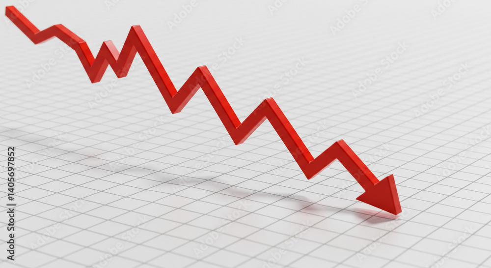 A stark red arrow plunges downwards, symbolizing economic downturn and market crash anxieties, a 3D graphic on a grid background. A stark red arrow plunges downwards, symbolizing economic downturn and market crash anxieties, a 3D graphic on a grid background.