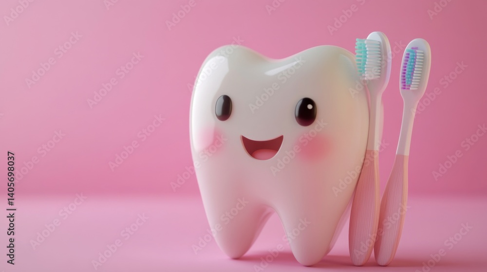 A charming tooth character with a happy face stands proudly, clutching two bright toothbrushes on a soft pink backdrop, promoting dental hygiene A charming tooth character with a happy face stands proudly, clutching two bright toothbrushes on a soft pink backdrop, promoting dental hygiene