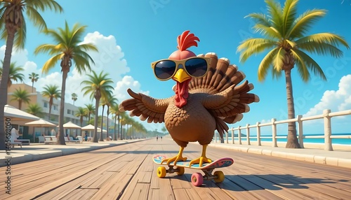 Cool Skateboarding Turkey Cartoon for Funny Thanksgiving Design | A hilarious cartoon of a turkey wearing sunglasses and riding a skateboard, perfect for humorous Thanksgiving graphics, cards