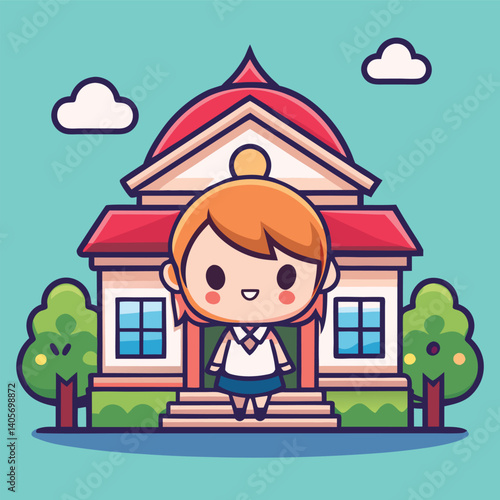 Cute school girl in front of a school building