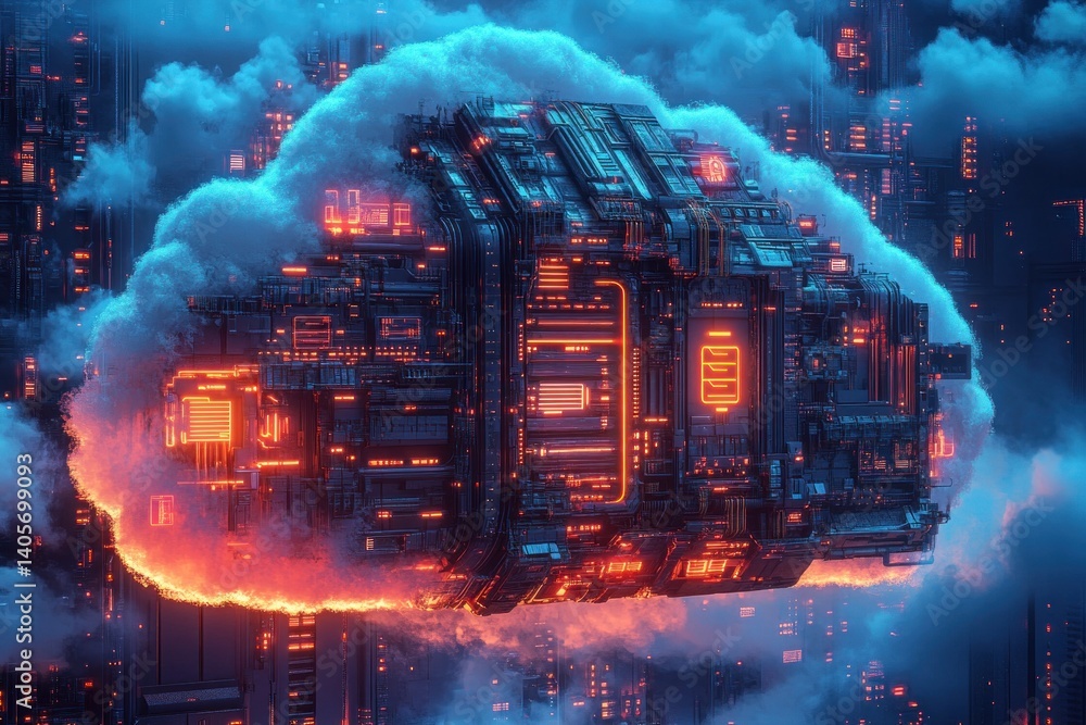 Obraz premium A cloud-shaped vault hovers in the sky, illuminated by vibrant neon lights, casting a technological glow over a futuristic city below