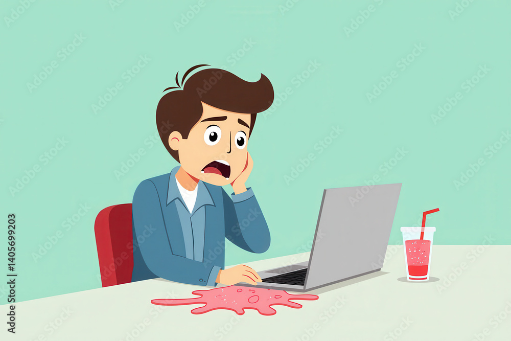 office worker shocked spilled drink laptop office worker shocked spilled drink laptop