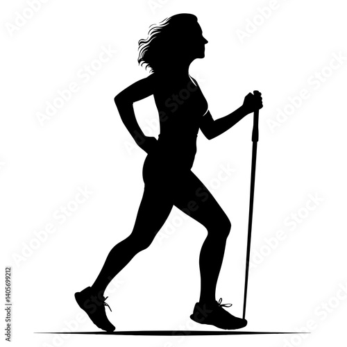 Elderly woman doing Nordic walking silhouette illustration