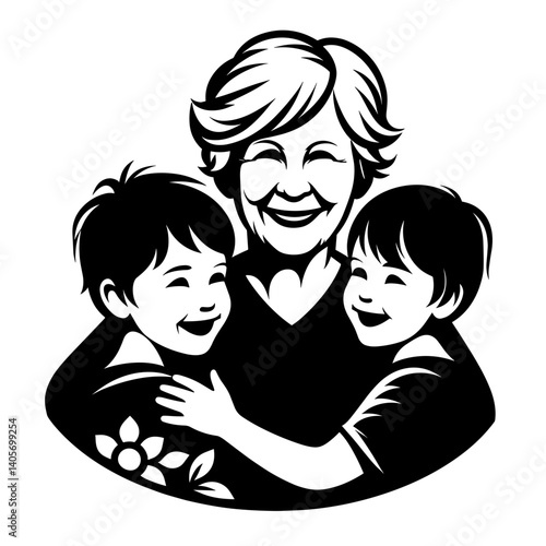 Elderly woman hugging grandchildren silhouette illustration