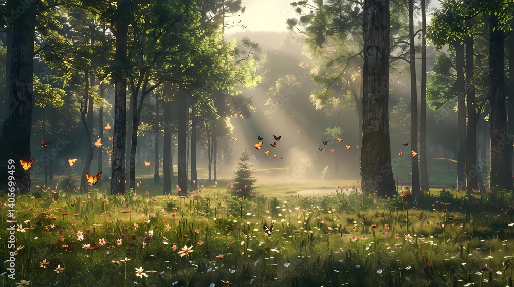 Obraz premium An enchanted forest, beautiful and tall trees, wide meadow and clouds in the background, Generative AI illustrations.