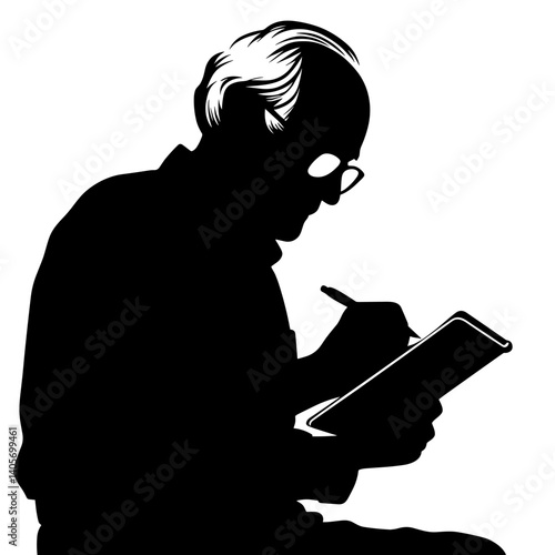 Elderly man writing in notebook silhouette illustration