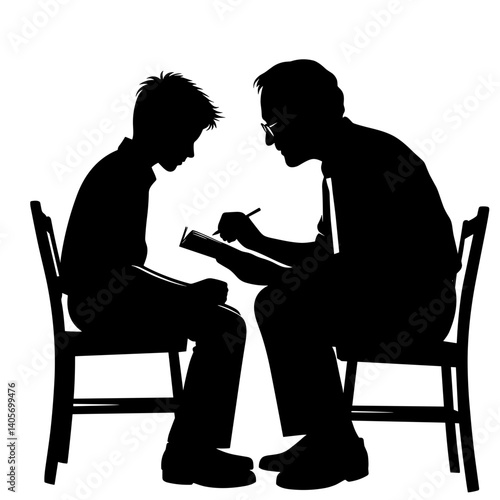 Elderly man talking to boy silhouette illustration