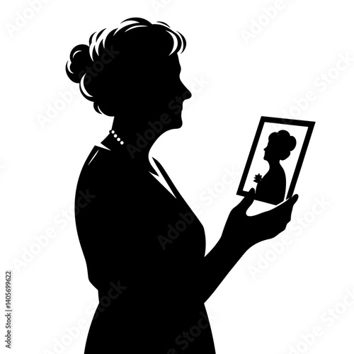 Elderly woman looking at photograph silhouette