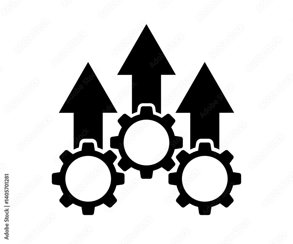 Productivity growth icon with gears and upward arrows, improvement efficient processes Productivity growth icon with gears and upward arrows, improvement efficient processes